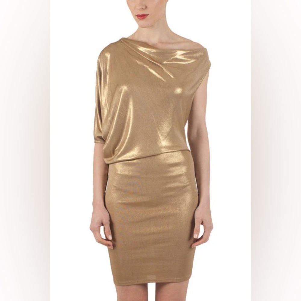BCBGMaxAzria “Abrial” Asymmetrical Metallic Gold Cocktail Dress - Picture 4 of 10